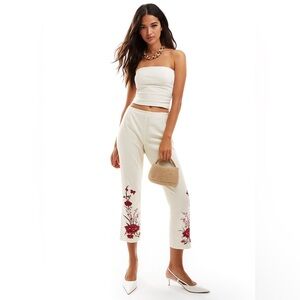 Vintage Silk Pants Floral Embroidered Capri Trousers Ivory Pink Red Rose Flowers